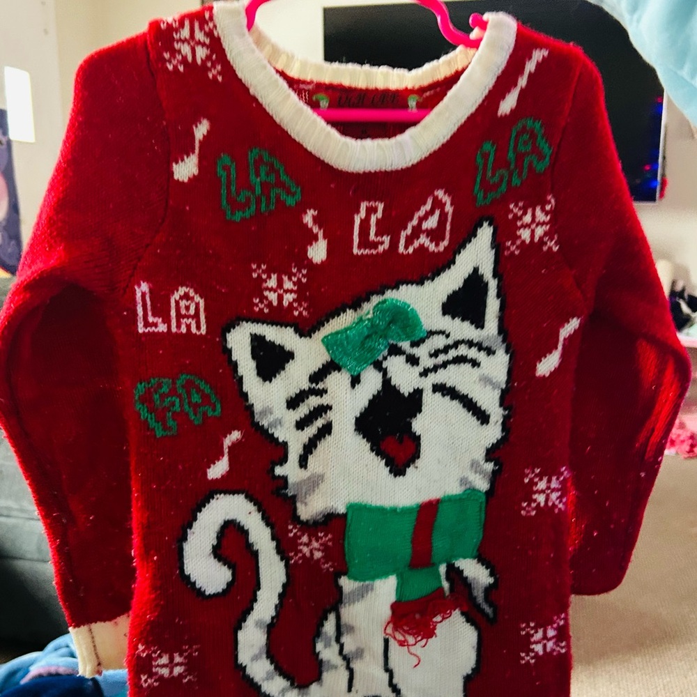 Ugly Sweater Festive Red Cat Sweater for Kids 5-6